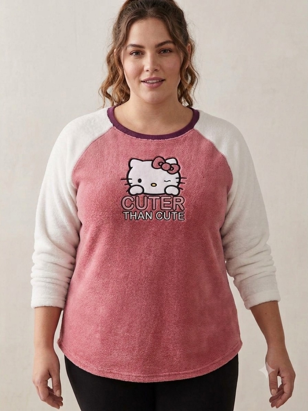 Hello Kitty Plush Pink Raglan Pullover with White Sleeves